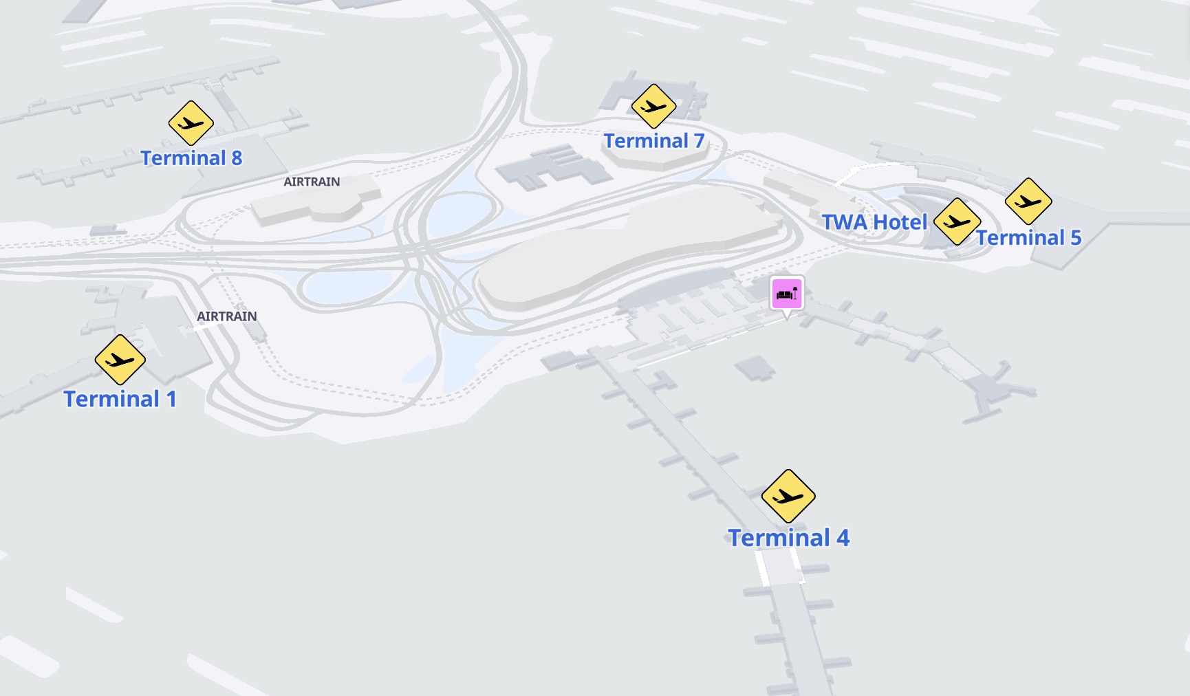 Map of JFK Airport with Chase Sapphire Lounge highlighted in pink. 
